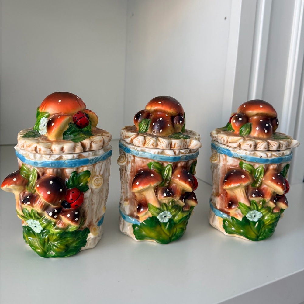 Vintage Mushroom Lady Bug Floral Porcelain Canister Jars With Lids Set Of Three
